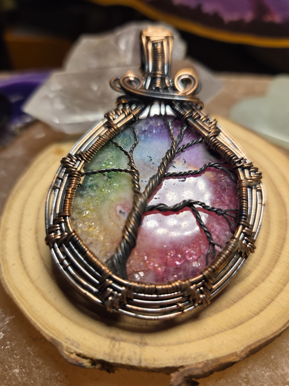 Handmade Solar Agate Copper Wire Wrapped Tree of Life Pendant Necklace